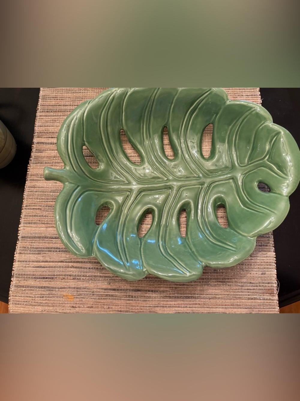Pier 1 Imports #4217025 green porcelain serving bowl shaped likea monstera leaf.